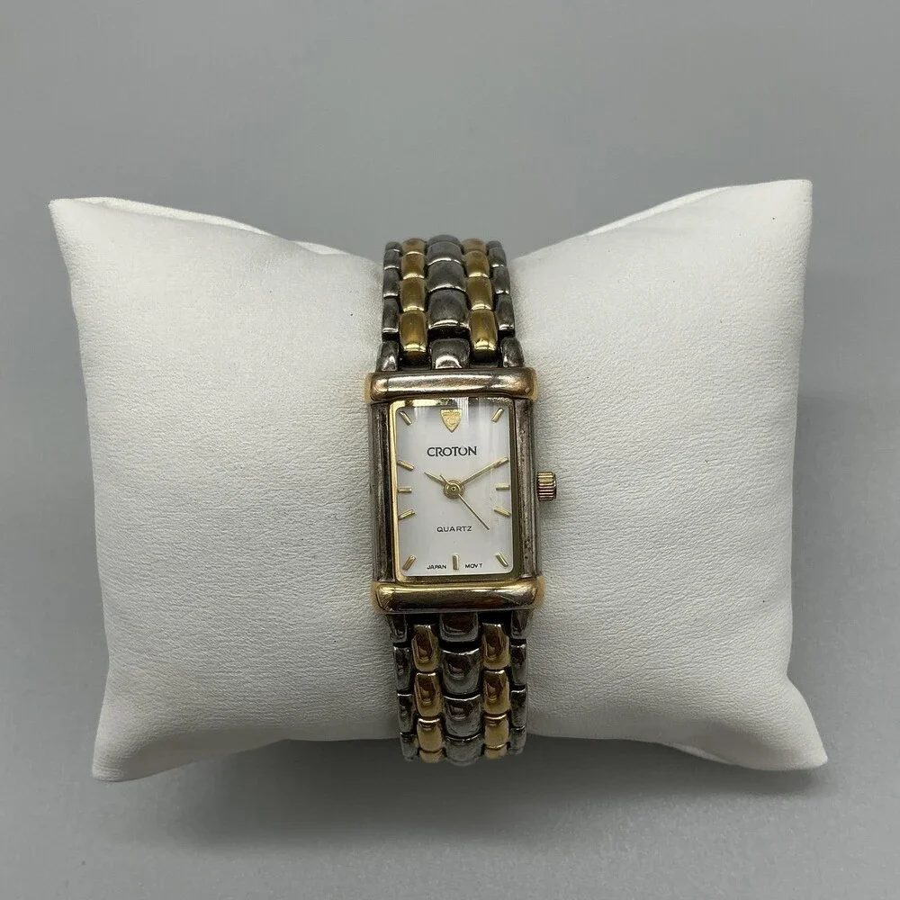 Croton Womens Watch 17mm White Dial Two Tone 23K Gold Plated New Battery 7